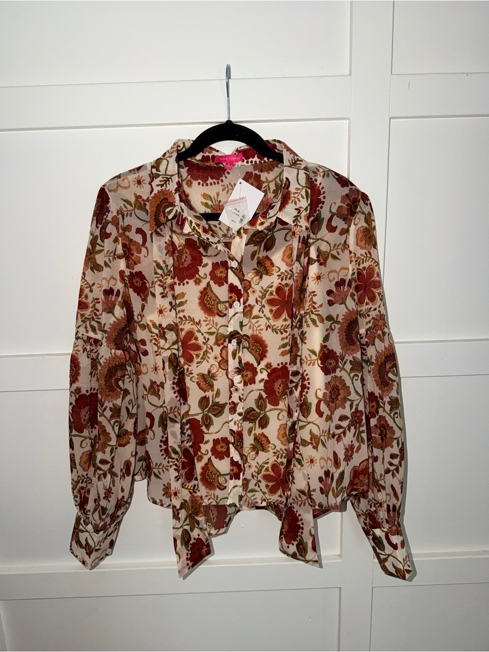 Flying Tomato Floral Button-Up Tie-Hem Blouse - Cream, Rust & Olive